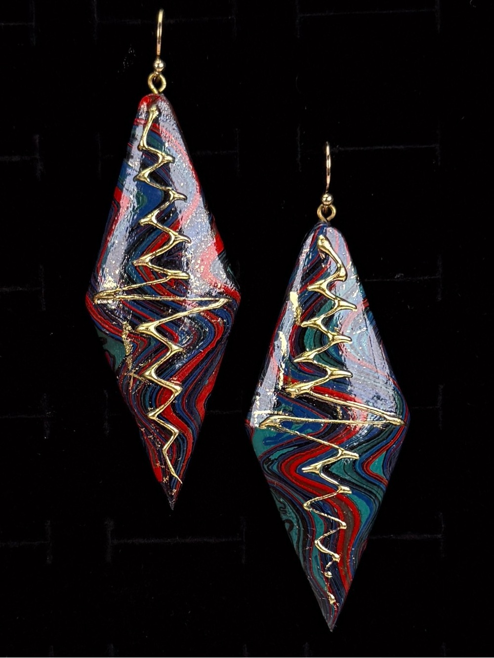 Oversized Wood Pierced Earrings Multicolor Diamond Gold Abstract Dangles